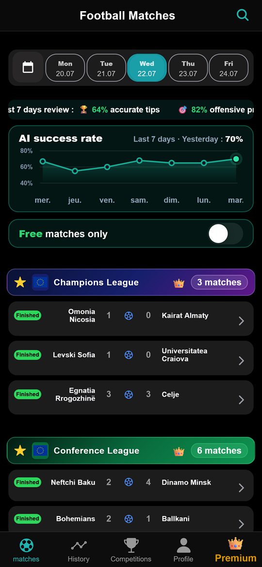 GoalVision matches screen with the AI success rate