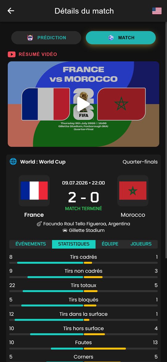GoalVision match screen: France vs Morocco highlights and statistics